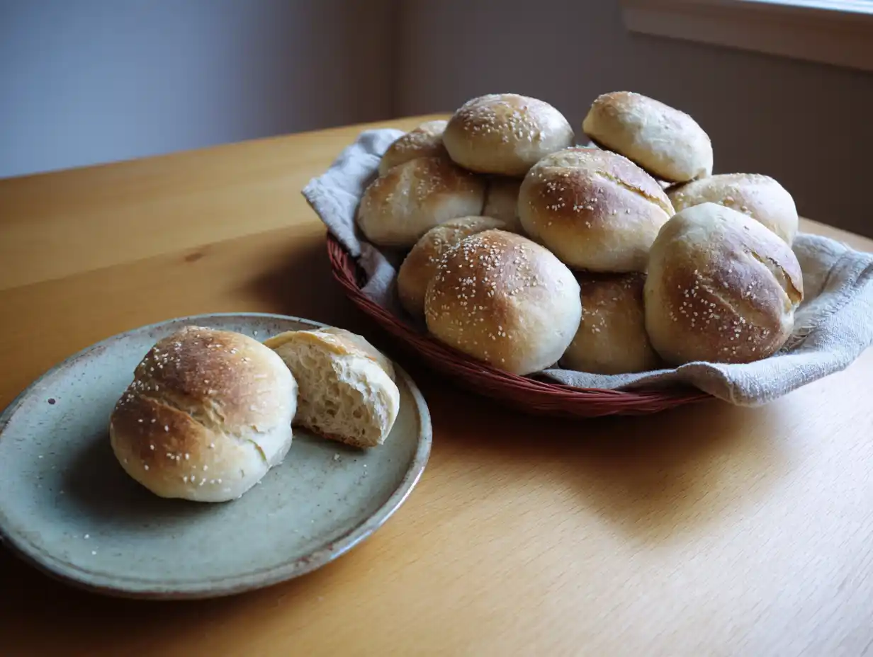 nattjästa frallor på tallrik med gyllene skorpa, mjuk insida och lite mjöl kvar på ytan efter gräddning.