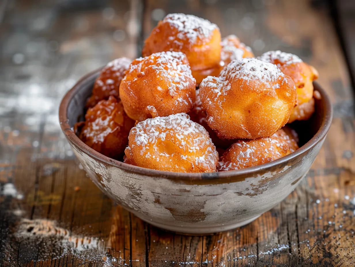 Nyfriterade och gyllenbruna oliebollen pudrade med ett generöst lager florsocker på ett vackert fat.