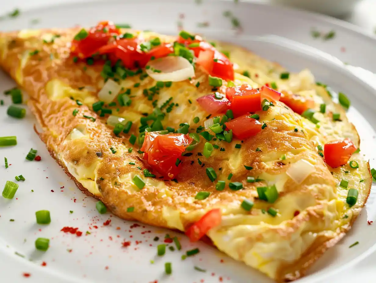 Omelett med grönsaker som är krämig i mitten med gyllene kanter och frästa grönsaker ovanpå.