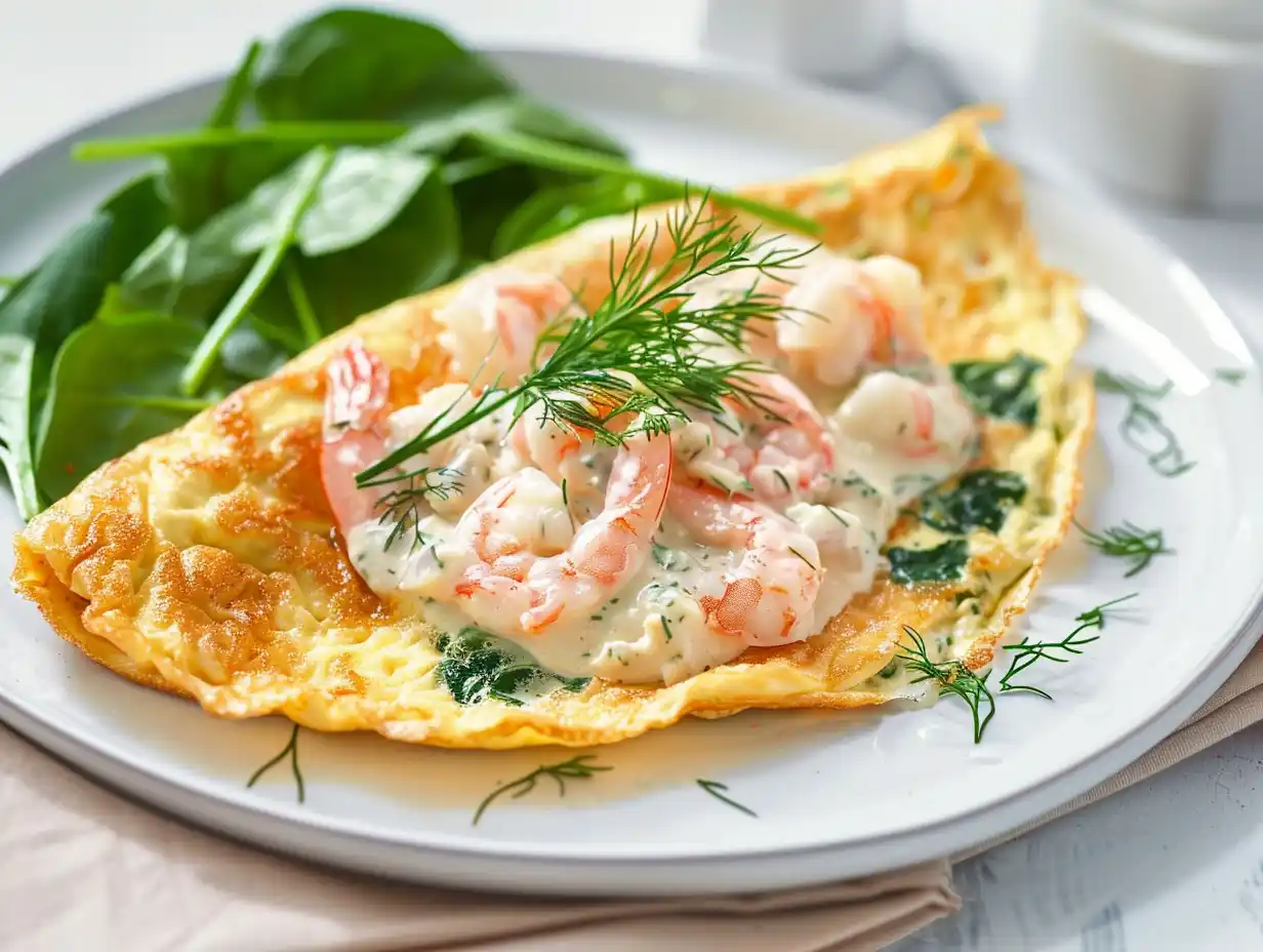 Omelett med räkstuvning toppad med dill och Västerbottensost, serverad med mjuk spenat.