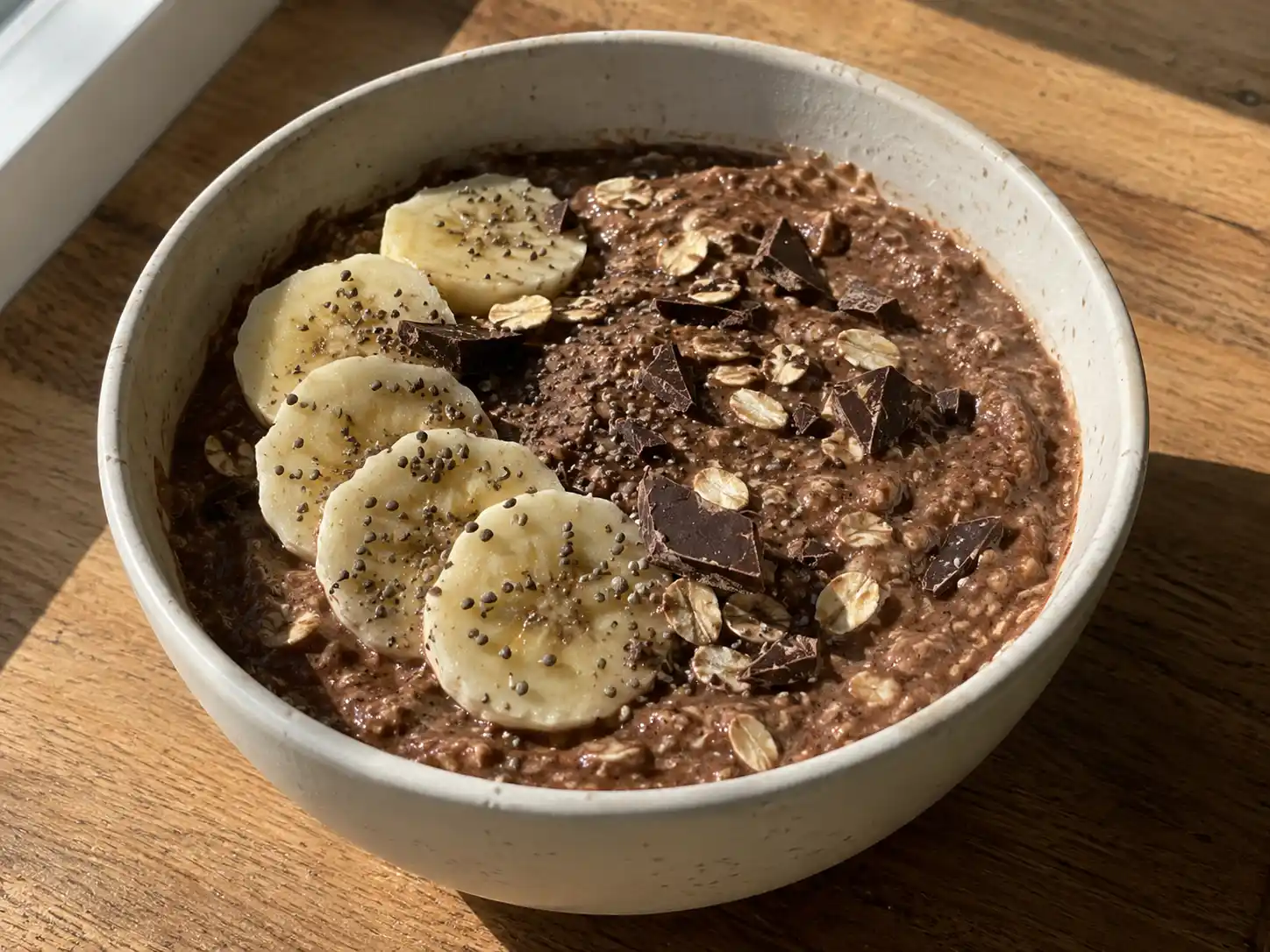overnight oats choklad i skål med bananskivor, havregryn, chiafrön och hackad mörk choklad på toppen