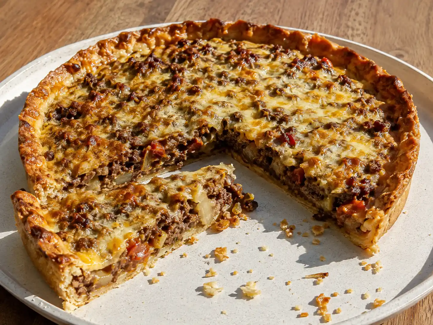 paj med köttfärs med gyllene ost, frasigt pajskal och saftig färsfyllning på en enkel tallrik