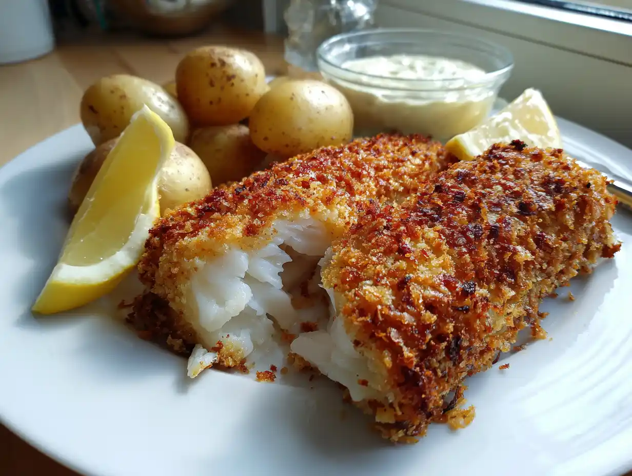 Panerad torsk på tallrik med gyllenbrun yta, citronklyfta och remouladsås i liten skål, naturligt ljus