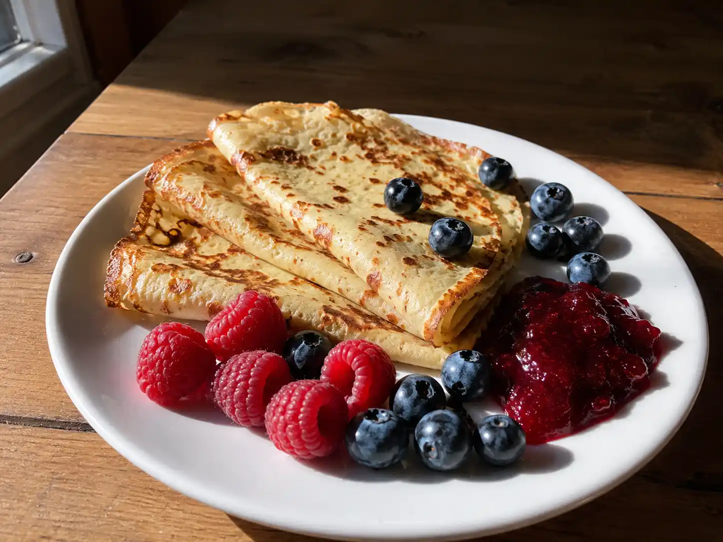 pannkakor med havremjöl på tallrik med bär, gyllene kanter och mjuk hemlagad yta