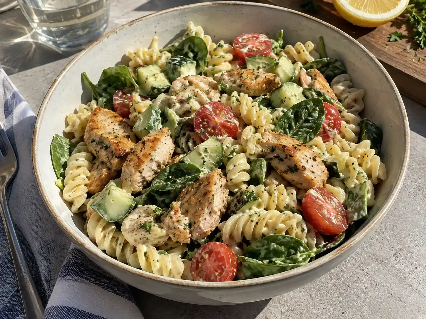 pastasallad med kyckling med fusilli, stekt kyckling, körsbärstomater, gurka och majs i krämig dressing
