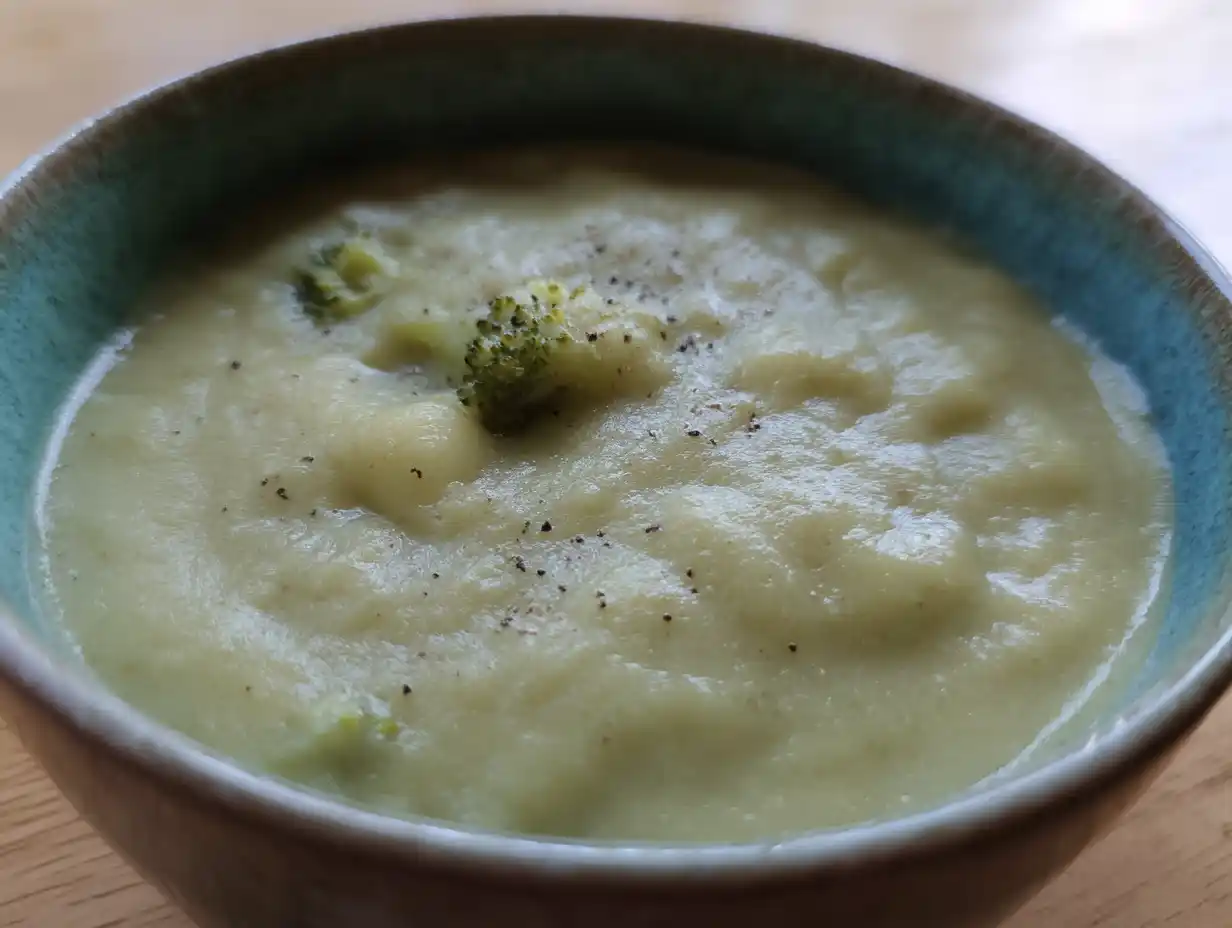 potatis och broccolisoppa i djup skål med len yta, bitar av broccoli och lite svartpeppar ovanpå.