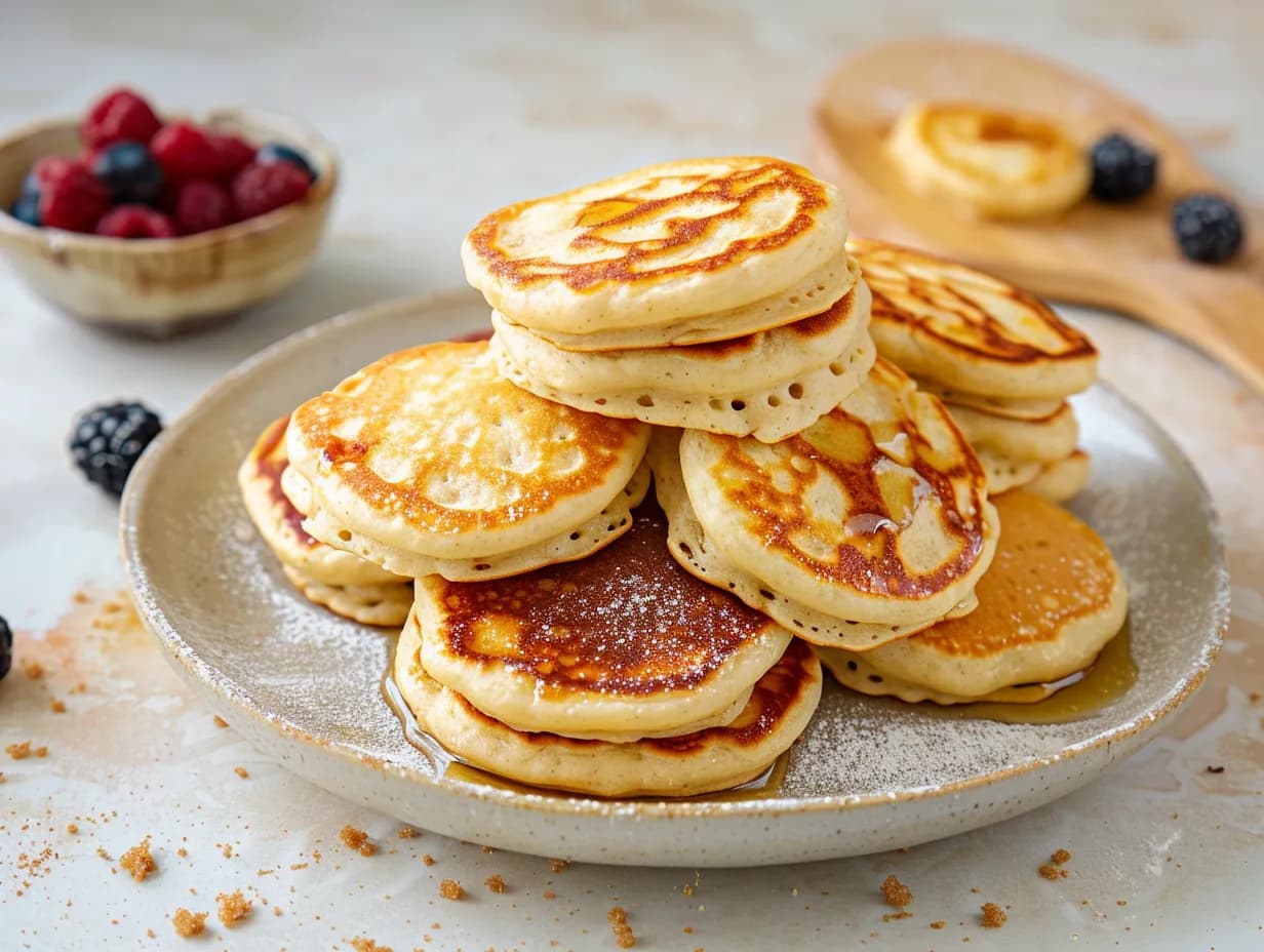 Proteinpannkakor med bär och yoghurt, nygräddade och serverade på tallrik