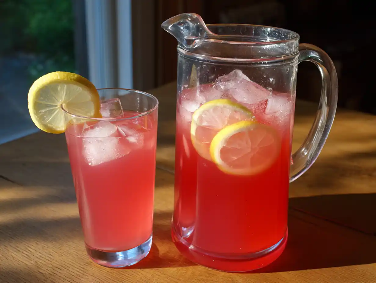 Rabarbersaft i kanna med rosa klar saft, citronskivor och is, naturligt sommarljus