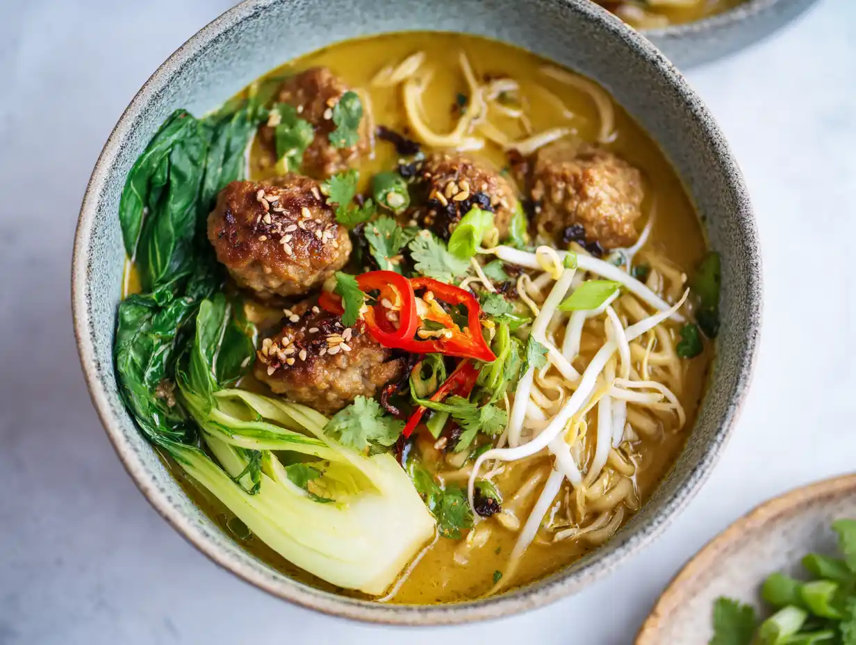 ramen kycklingfärs i djup skål med misobuljong, kycklingköttbullar, nudlar, pak choi, sesam och vårlök.