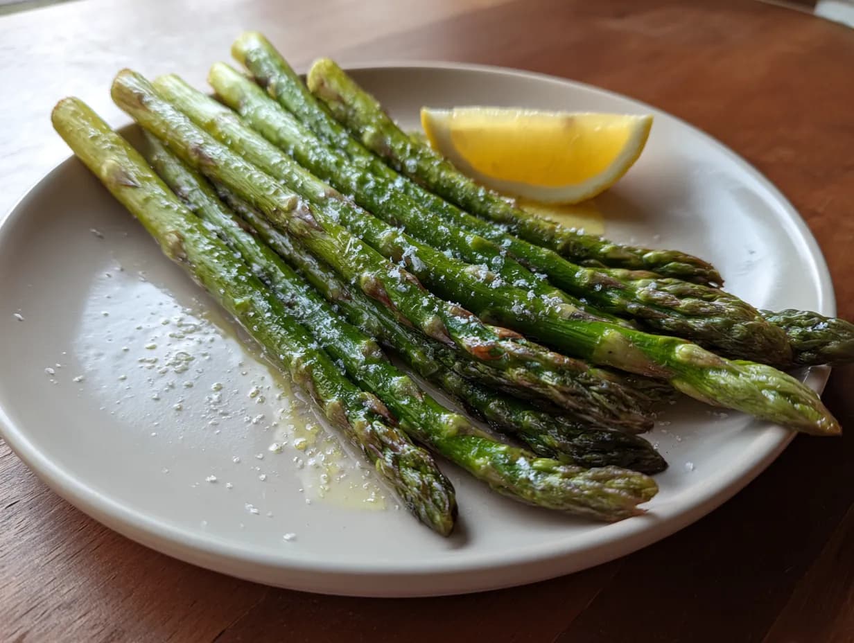 Grön sparris stekt i smör på en enkel tallrik, med citronklyfta och flingsalt, naturligt ljus