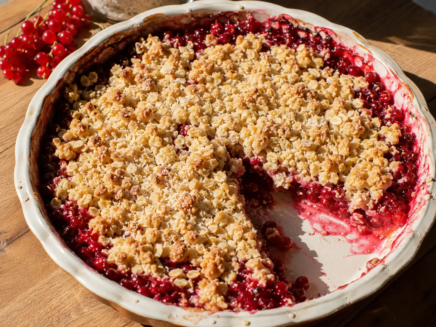 recept med röda vinbär i ugnsbakad smulpaj med gyllene havretäcke och syrlig bärfyllning