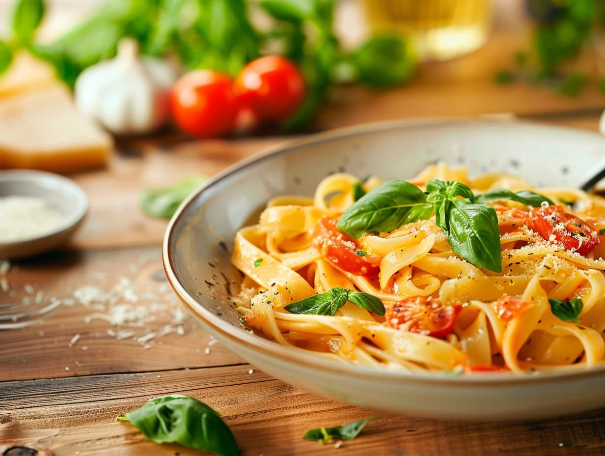 Enkla pasta med tomatsås och basilika