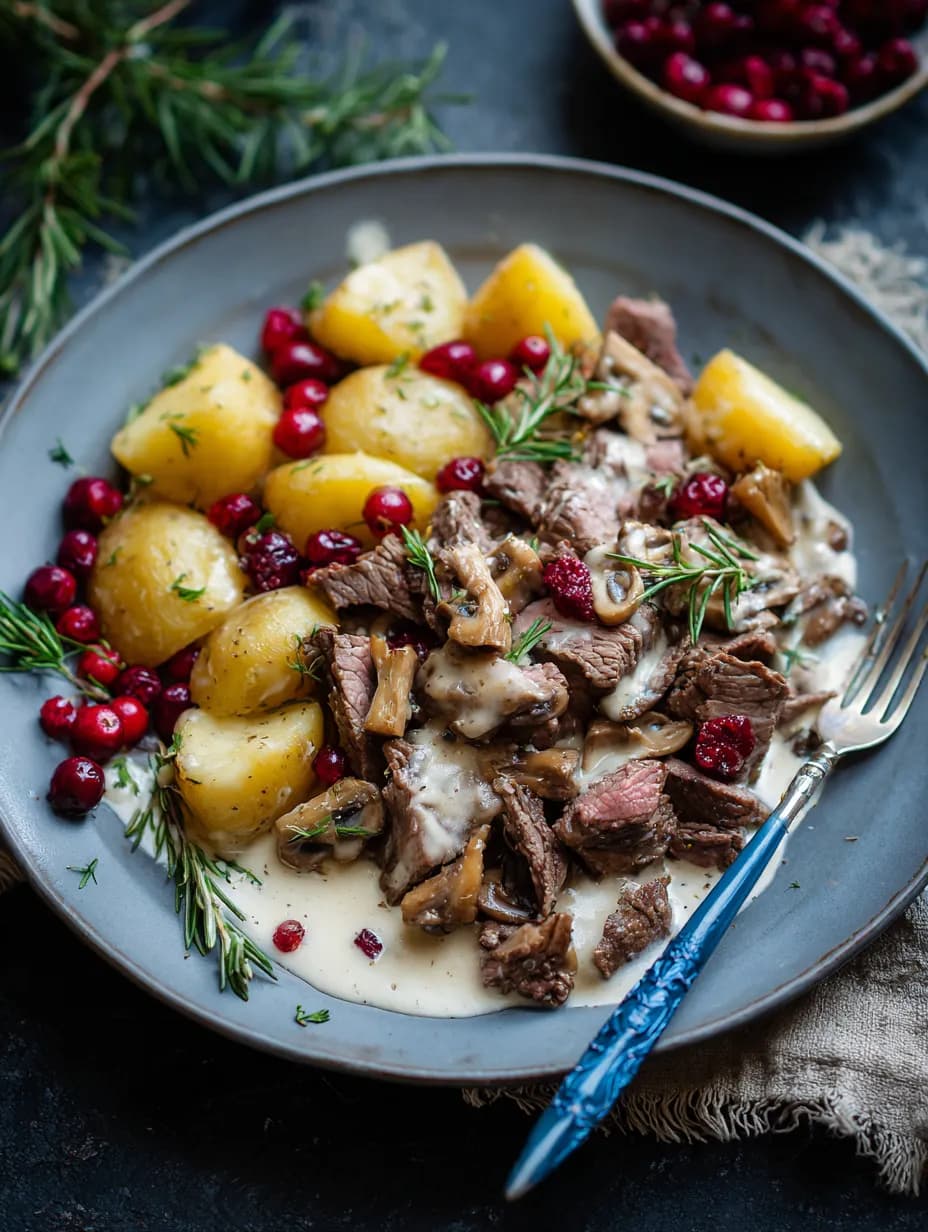 En mustig panna med krämig renskav, trattkantareller och färsk timjan serverad med lingon.