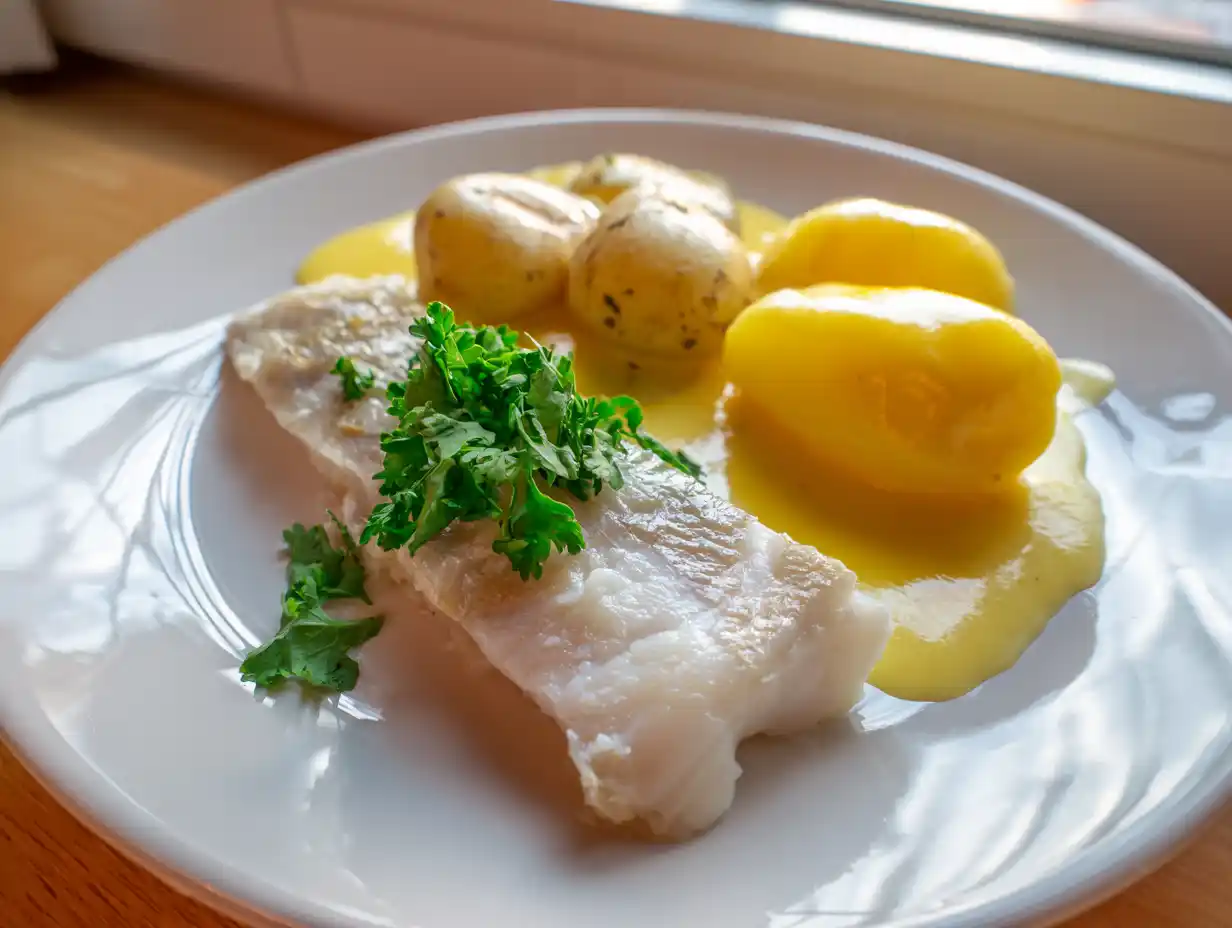 Rimmad torsk på tallrik med äggsås och kokt potatis, hackad persilja, naturligt fönsterljus