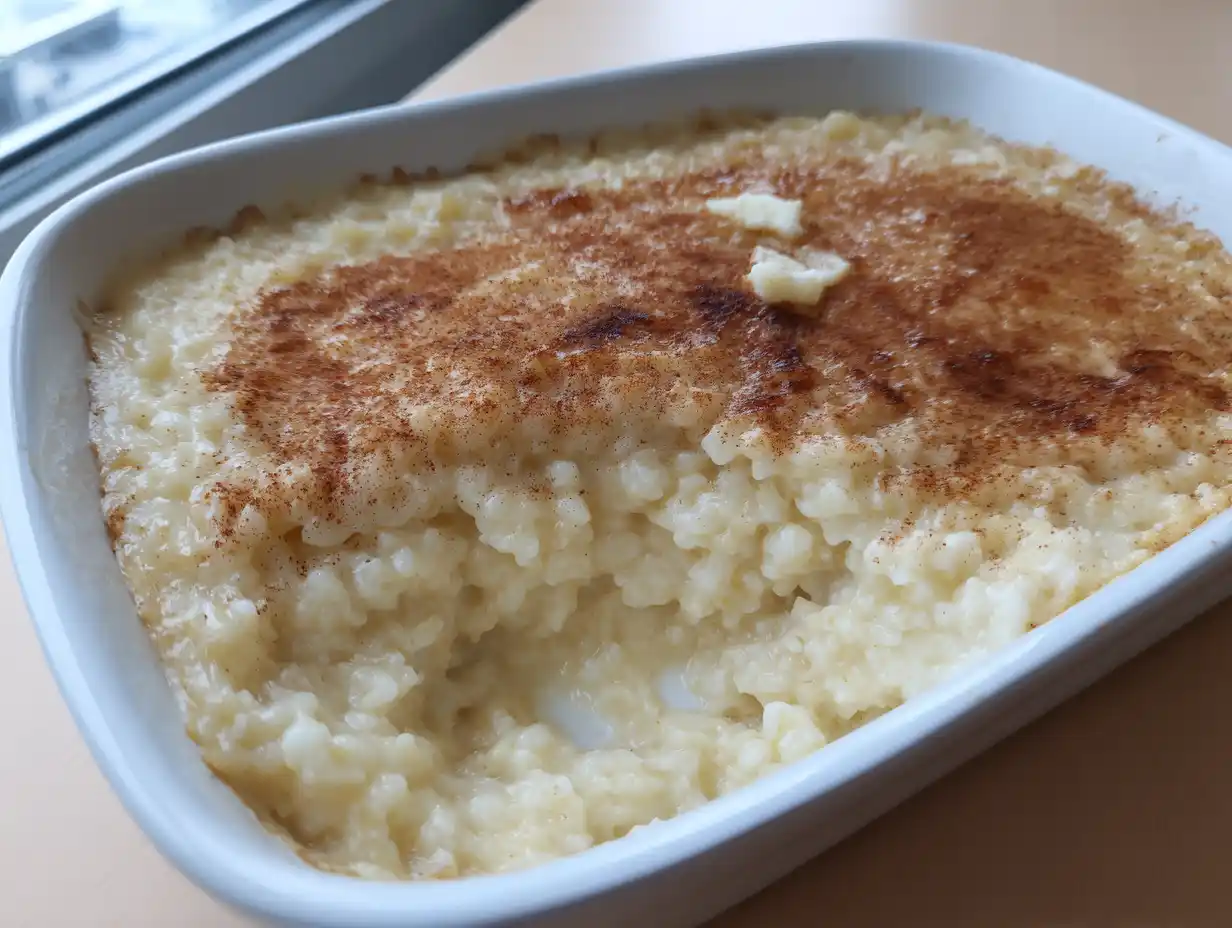 risgrynsgröt i ugn serverad varm i vit form med kanel på toppen och krämig, mjuk konsistens.