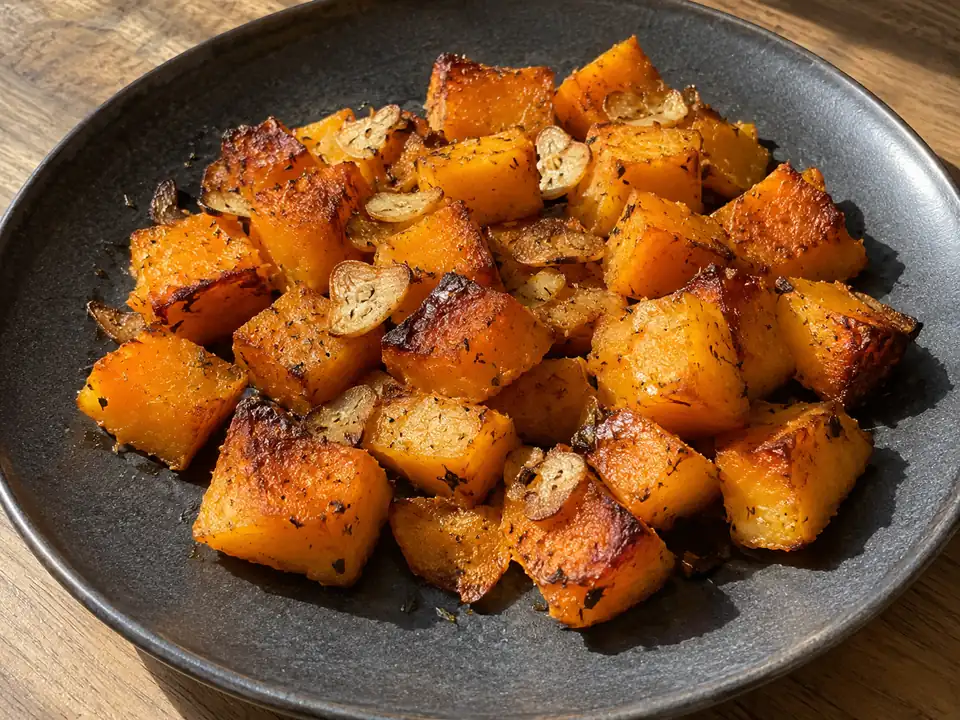 rostad pumpa i gyllene orange bitar med brynta kanter, synlig timjan och små rostade vitlöksbitar på fat