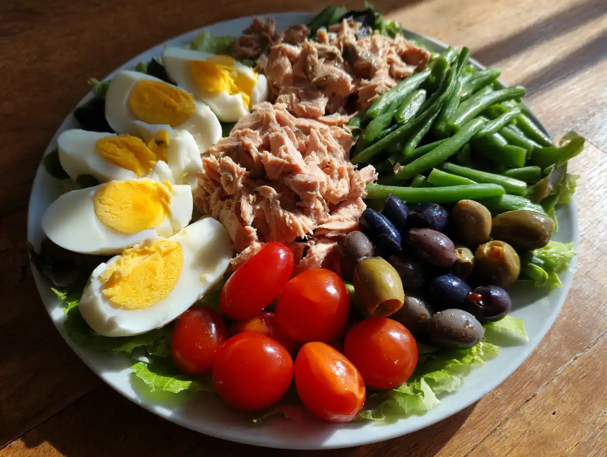 Sallad nicoise i skål med tonfisk, ägg, haricots verts, oliver och tomat, vinägrett bredvid