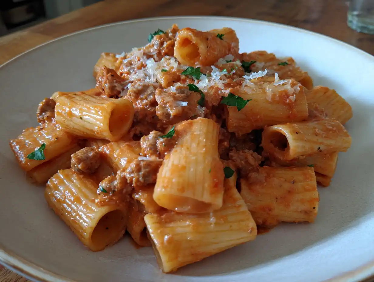 Salsiccia pasta i djup tallrik med krämig tomatsås, smulad korv, riven parmesan och persilja i naturligt ljus.