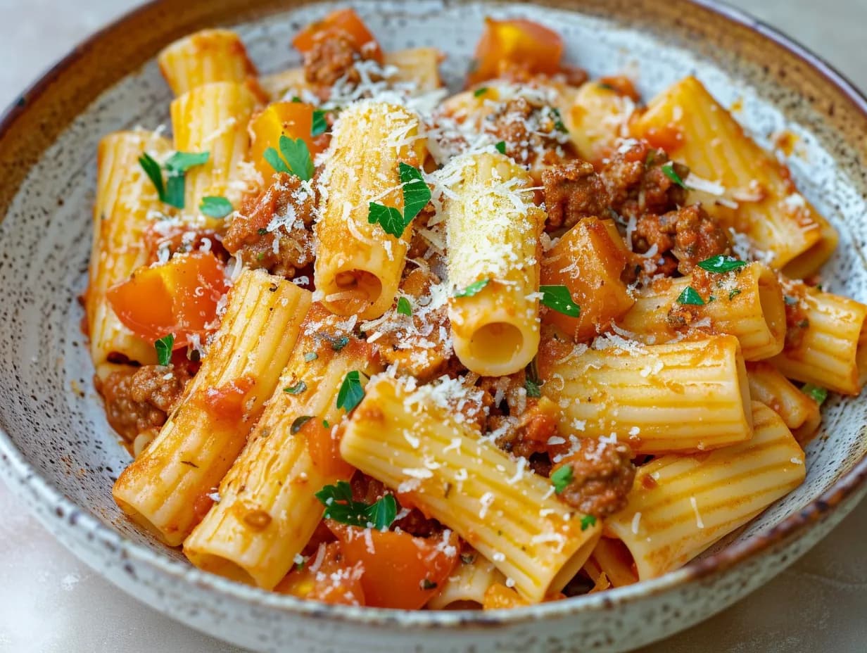 Salsicciapasta med rigatoni i mustig tomat- och gräddsås, toppad med parmesan och persilja.