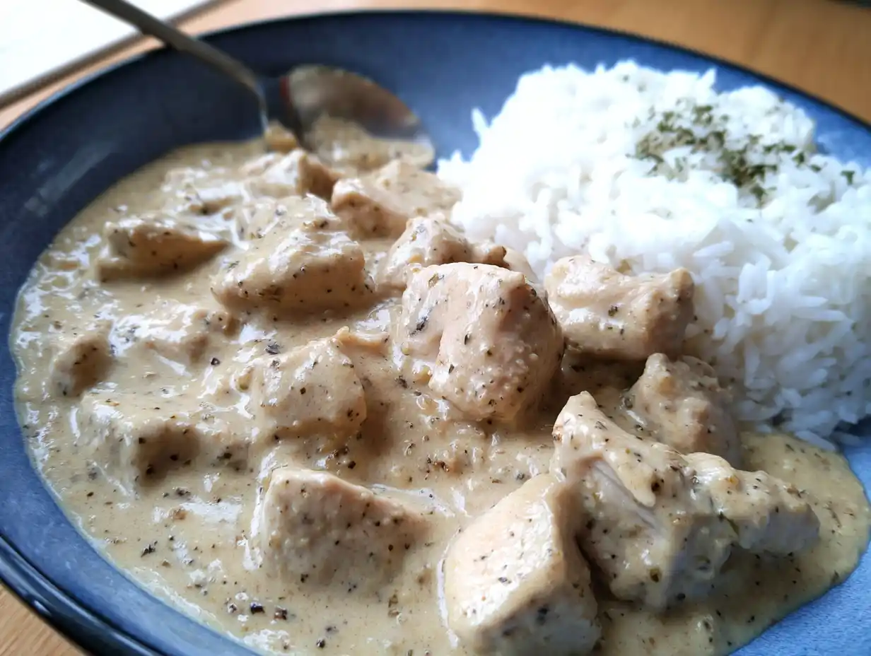 sås till kyckling och ris i skål, krämig och ljus med svartpeppar, vitlök och persilja på ytan.