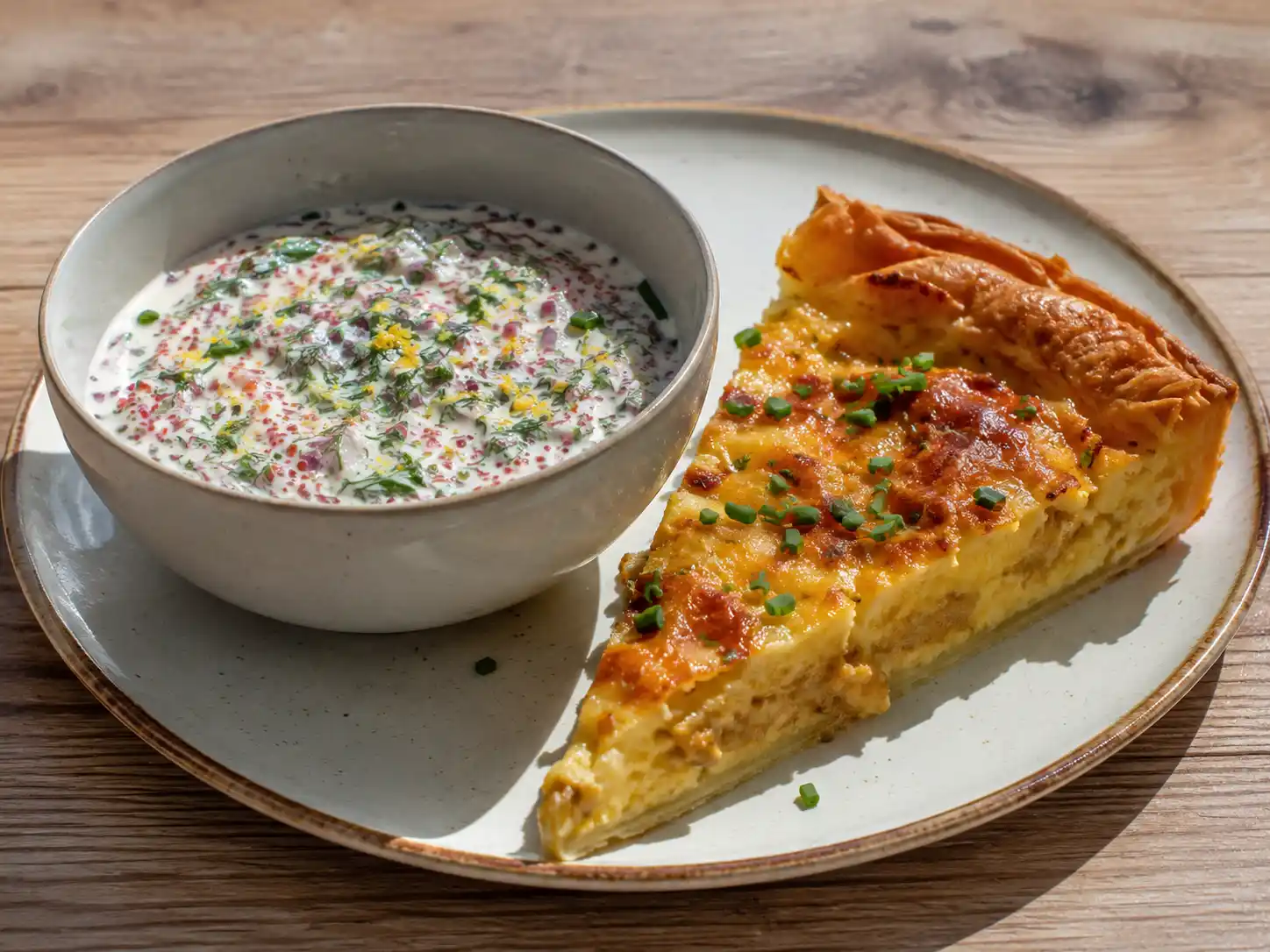 sås till västerbottenpaj i skål med rom, dill, citron och rödlök bredvid en bit ostpaj.