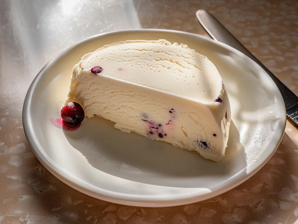 Semifreddo med len konsistens serverad i skivor, toppad med bär och lätt fryst yta