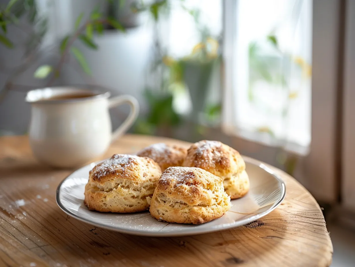 En korg fylld med rykande färska snabba frukostscones serverade med smör och marmelad på en rutig duk.