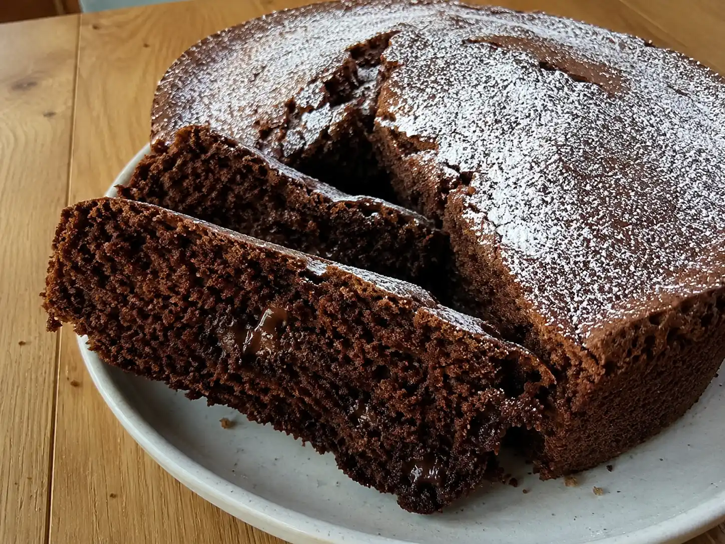 sockerkaka choklad i skivor på fat, med mörk mjuk smula, lätt krispig kant och ett tunt lager florsocker.