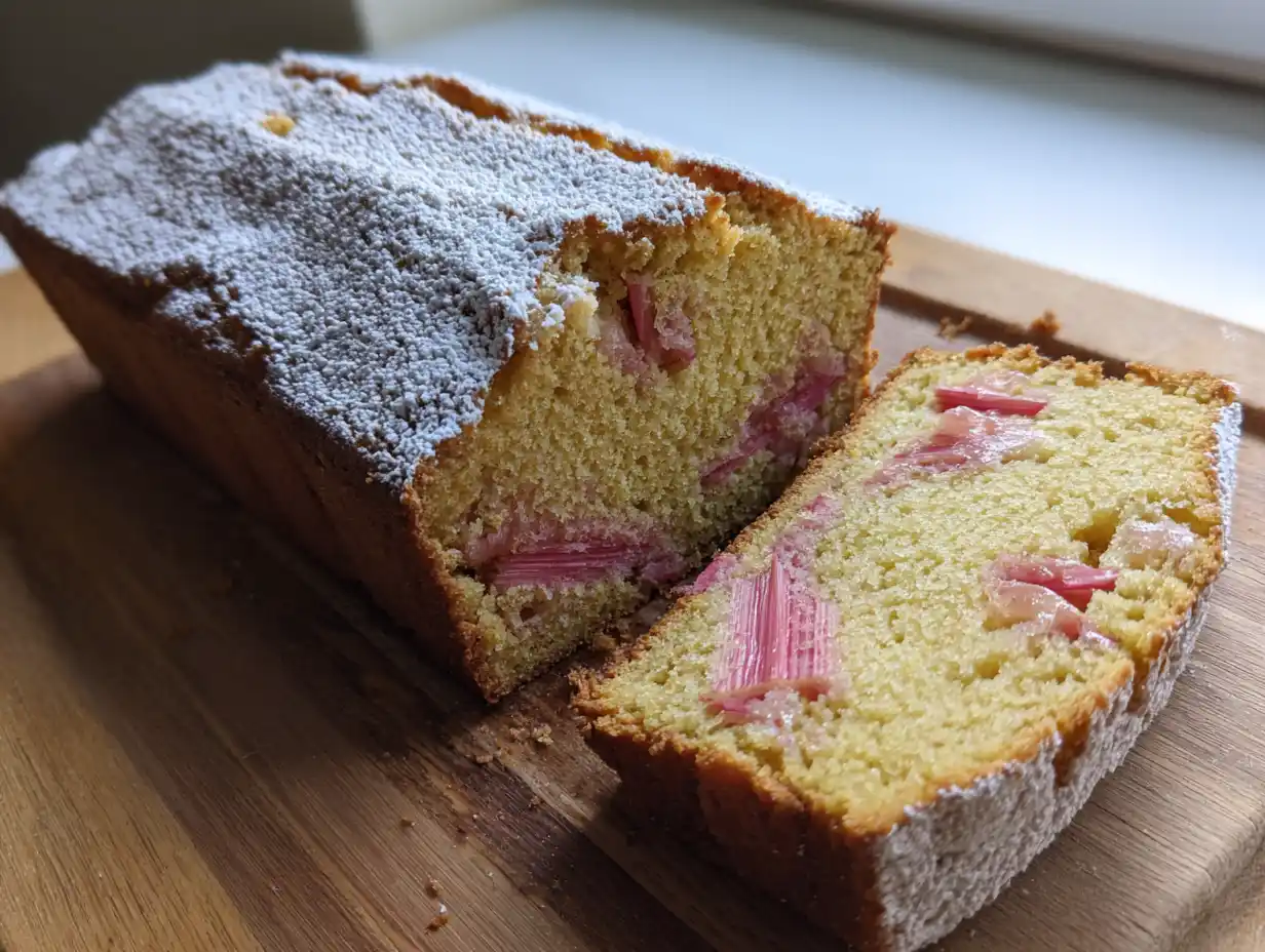 Sockerkaka med rabarber nybakad i form, rosa rabarber syns i gyllenbrun kaka, pudrat med florsocker