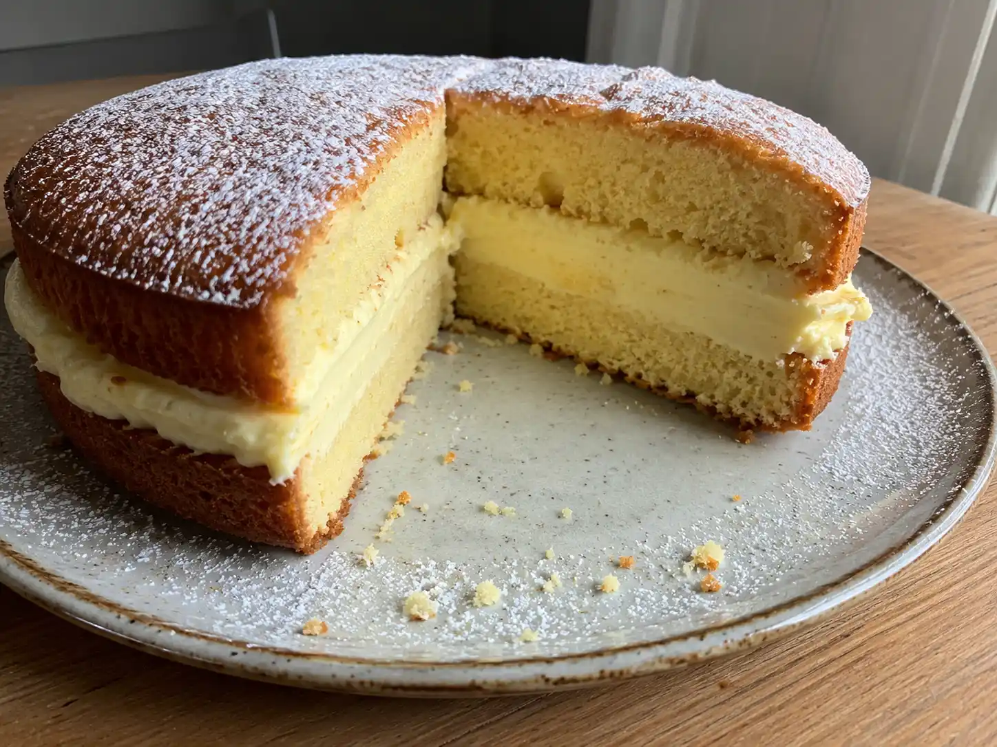 sockerkaka med vaniljfyllning på fat, delad i tjocka skivor med synlig vaniljkram och latt pudrat florsocker
