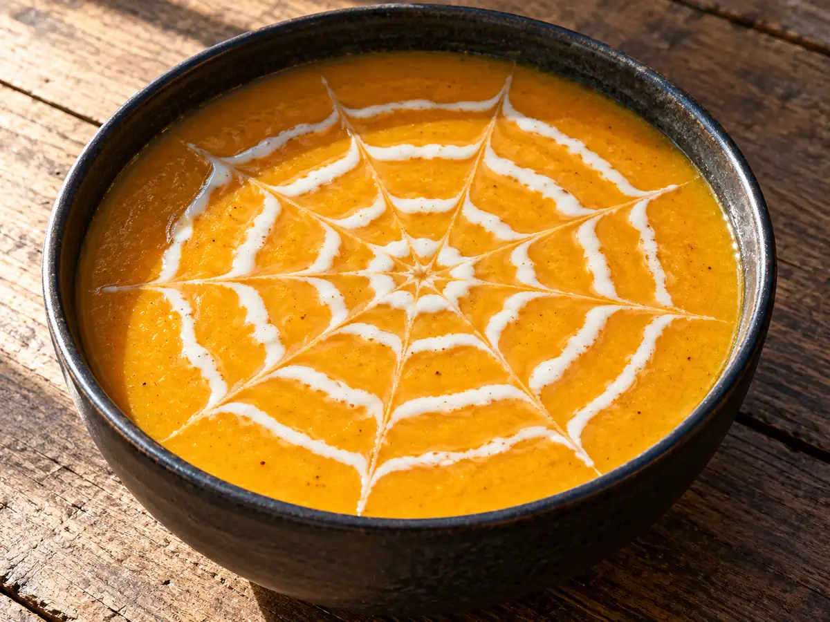 Orange soppa av rostad butternut i mörk skål med ett tunt vitt spindelvävsmönster av kokosmjölk