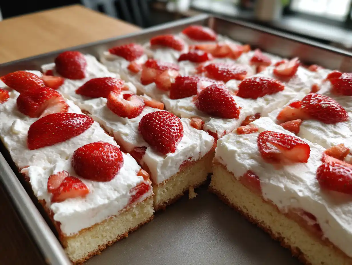 Tårta i långpanna med grädde och jordgubbar, skuren i rektangulära bitar, hemgjord festtårta uppifrån