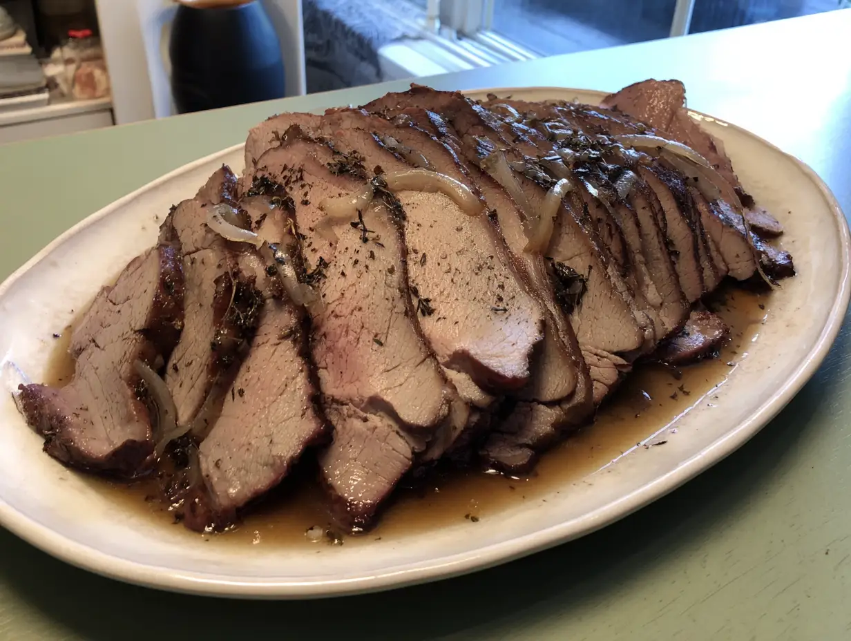 tjälknöl på fransyska i tunna skivor på fat med köttsaft, saltgurka och tydlig rosa kärna.