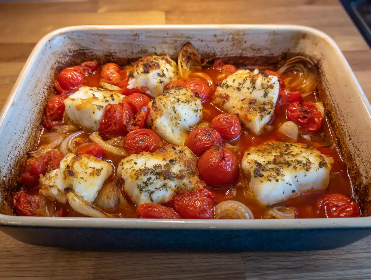 Torsk i ugn i eldfast form med citronskivor, färska örter och vitlök, vit saftig fisk, naturligt ljus