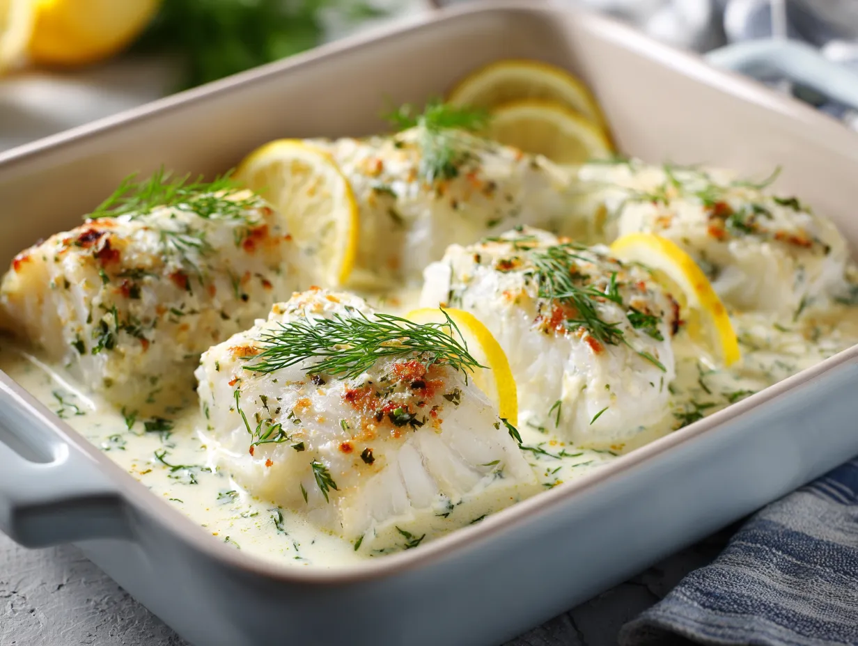 Torskrygg i ugn med krämig dillsås och citron, serverad direkt ur ugnsform.