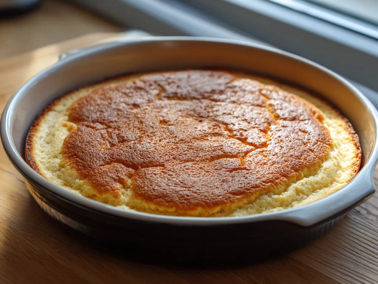 Gyllene ugnspannkaka i långpanna serverad med lingonsylt på en tallrik.