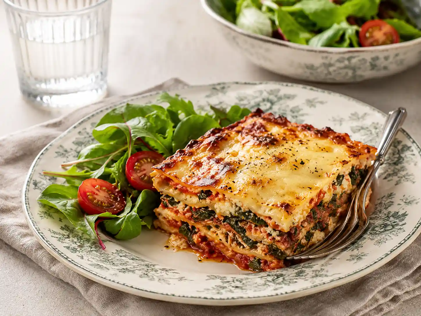 vegetarisk lasagne spenat i ugnsform med gyllene ostyta, tomatsås och gröna spenatlager