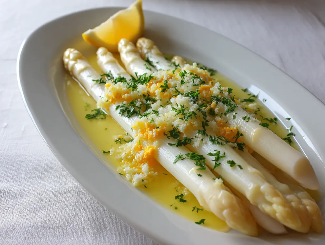 Vit sparris recept serverad på tallrik med smörsås, hackad äggula och persilja, naturligt fönsterljus