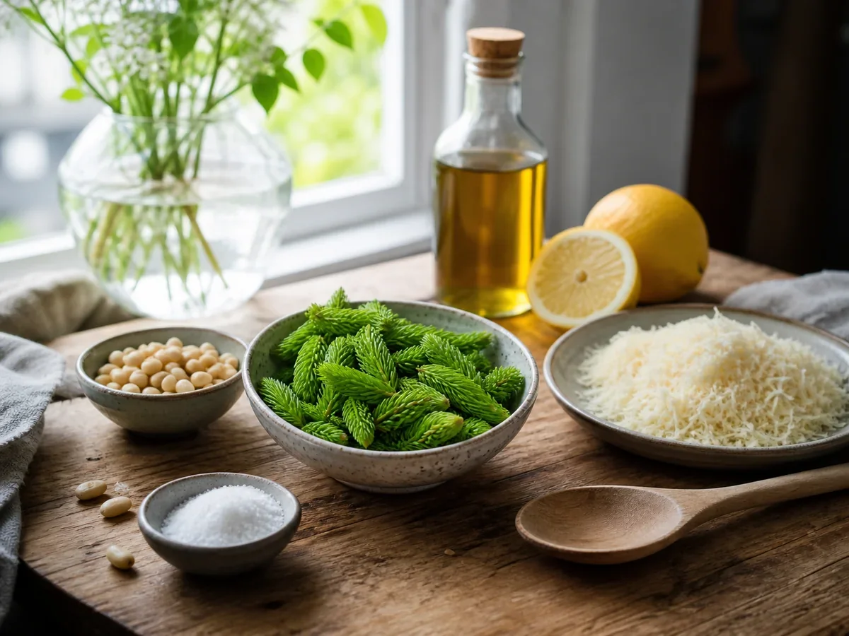 Granskott i små skålar med citron, socker, olja och ost för matlagning