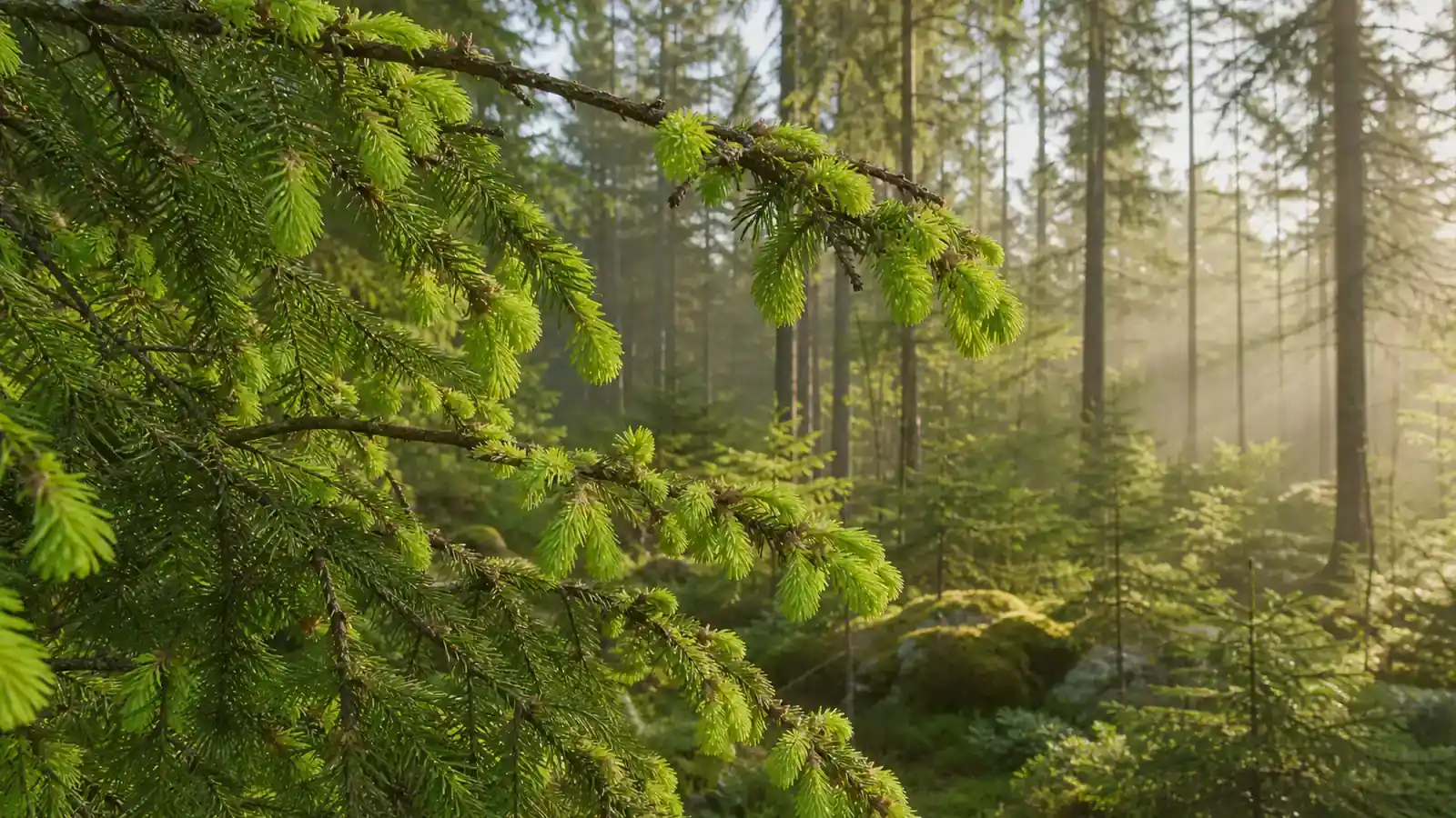 Färska ljusgröna granskott i svensk skog under våren