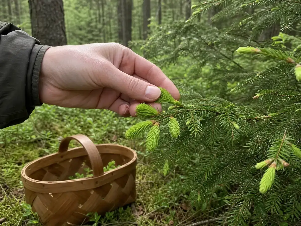 En hand som försiktigt håller några granskott med en liten korg i svensk skog