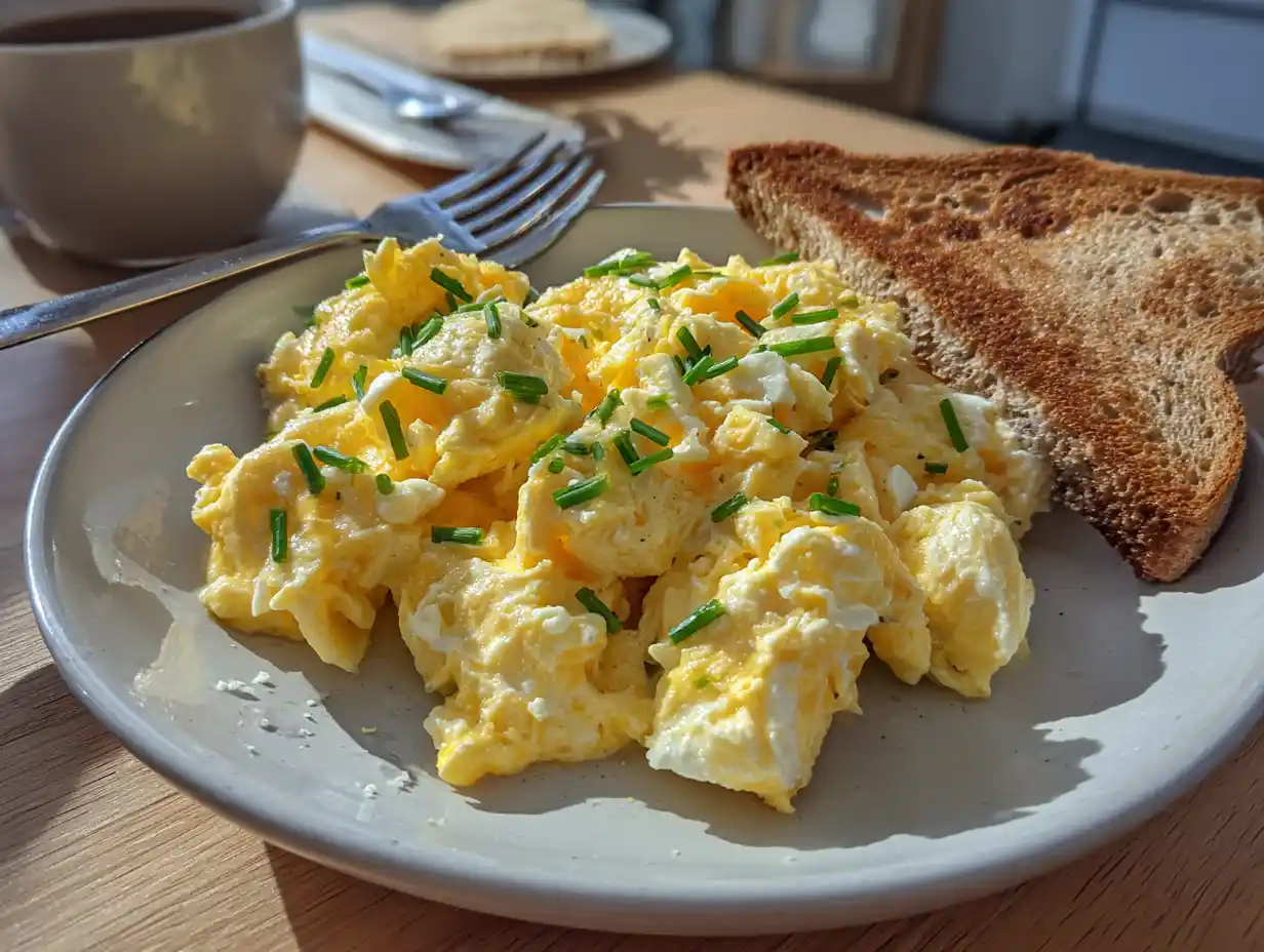 Äggröra med keso serverad krämig och mjuk på tallrik med bröd bredvid.