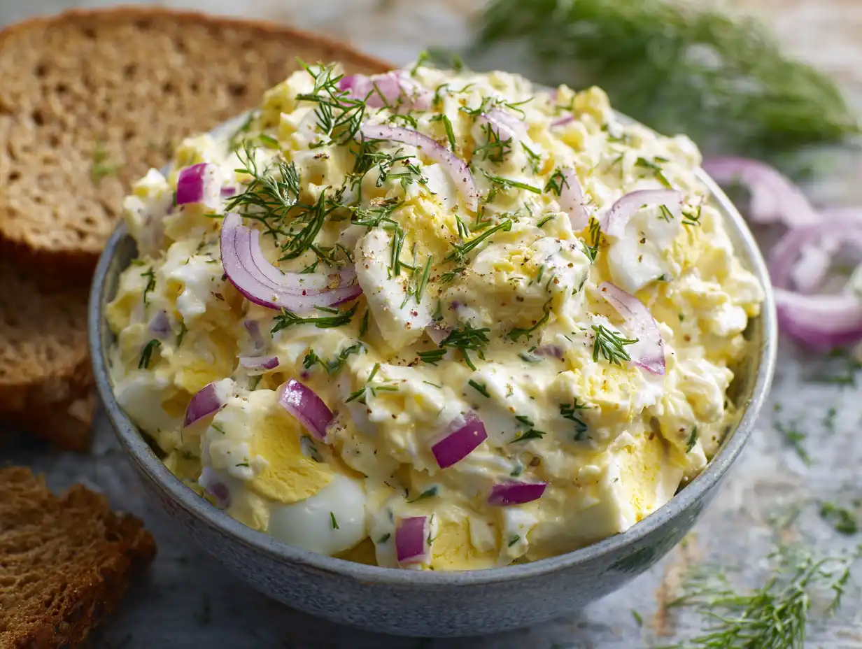 Äggröra till smörgåstårta krämig och finhackad med dill i skål redo att bredas.