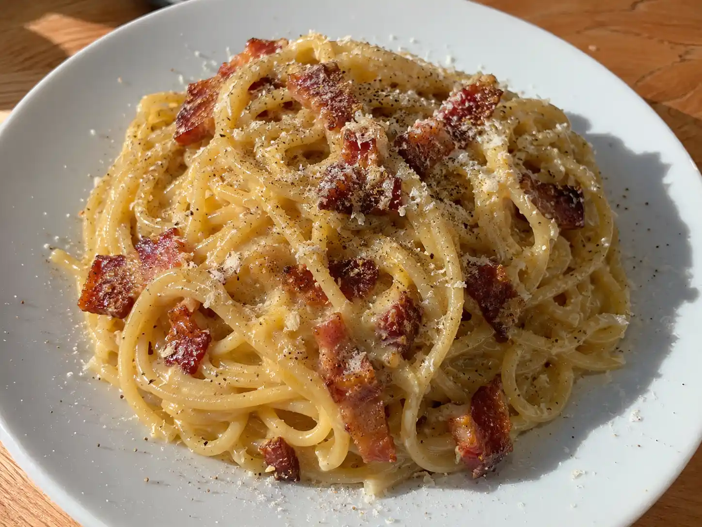 äkta italiensk carbonara med blank spaghetti, krispig guanciale, pecorino och svartpeppar
