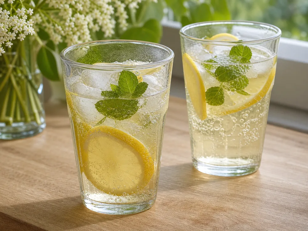 Alkoholfri drink med flädersaft i glas med citron, mynta, is och bubbelvatten