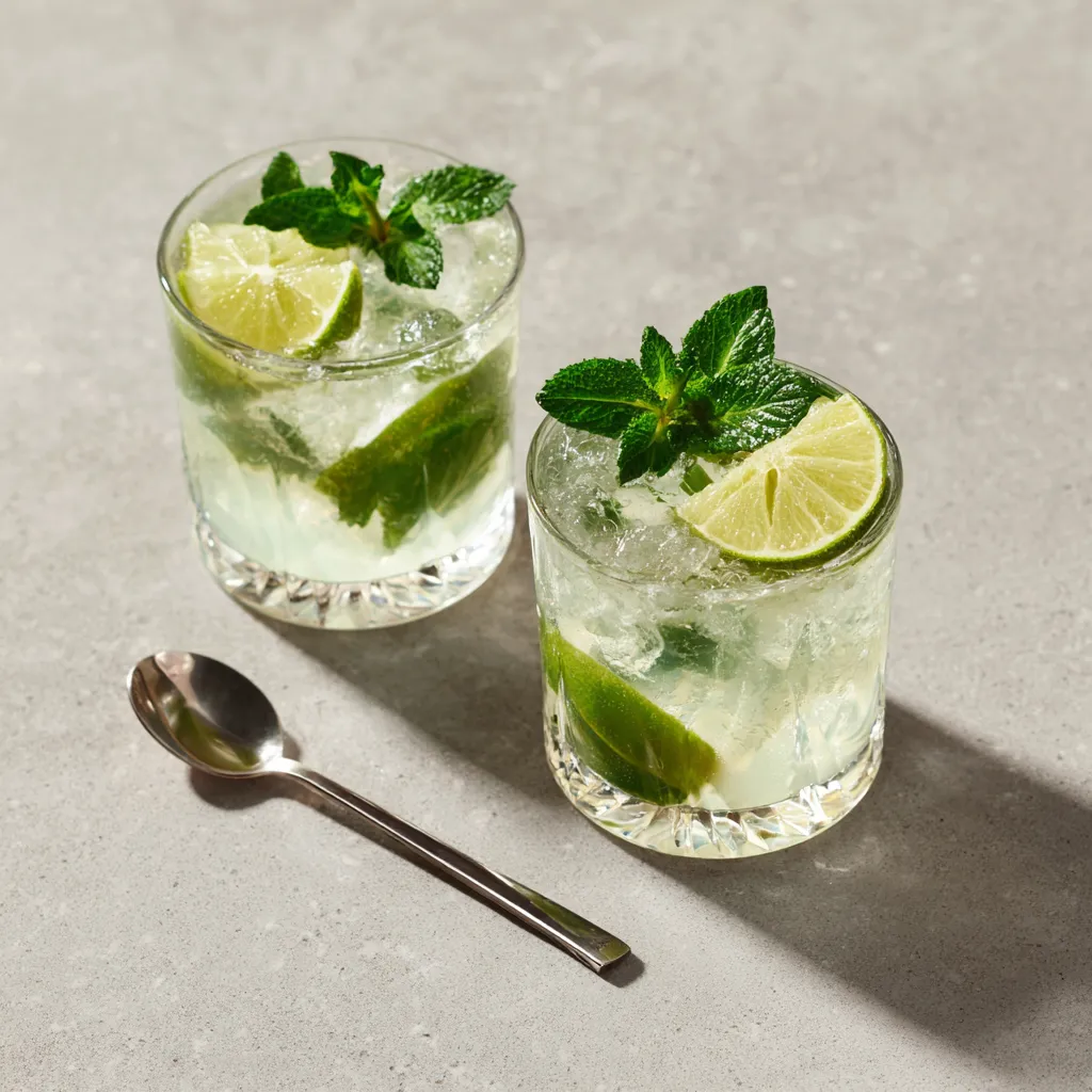 Ett immigt glas fyllt med alkoholfri mojito, krossad is, färsk mynta och limeklyftor på ett bord.