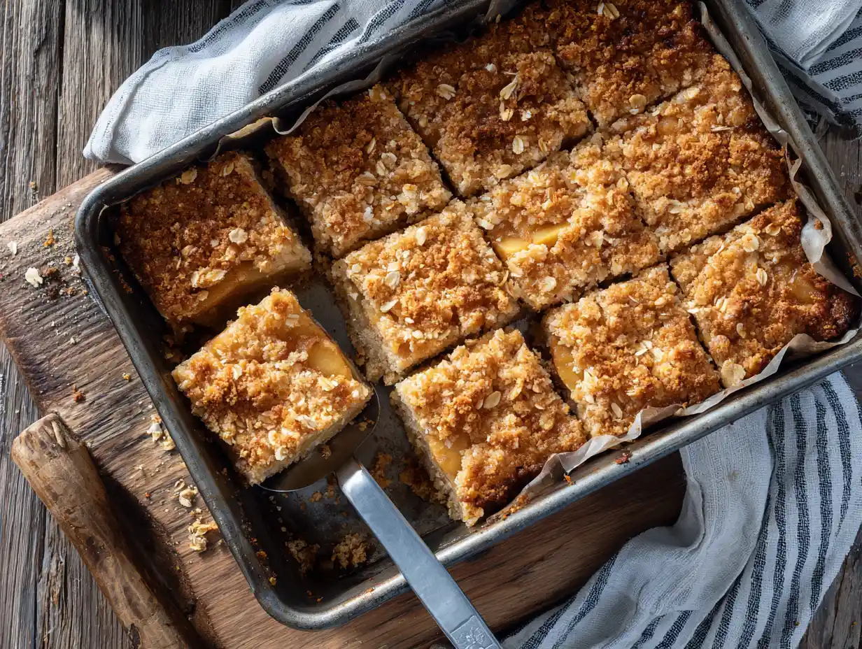 Äppelkaka med havregryn på skärbräda, rustik yta med synliga havregryn och äppelbitar