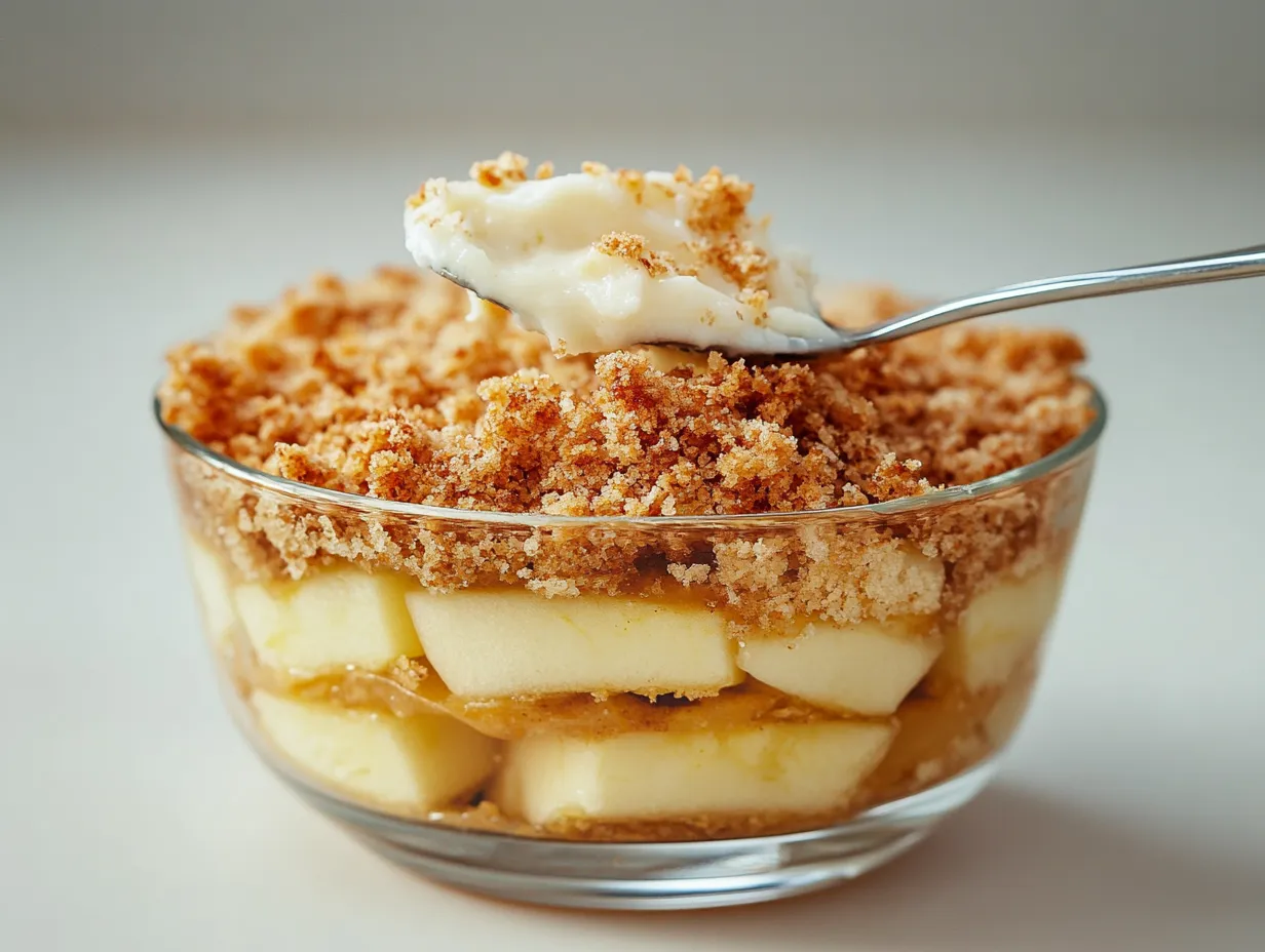 Äppelkaka med äppelmos och frasigt täcke av ströbröd i en ugnssäker form.
