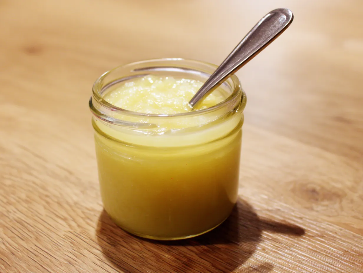 Hemgjort äppelmos i en glasburk på ett rustikt träbord med ett rött äpple bredvid.