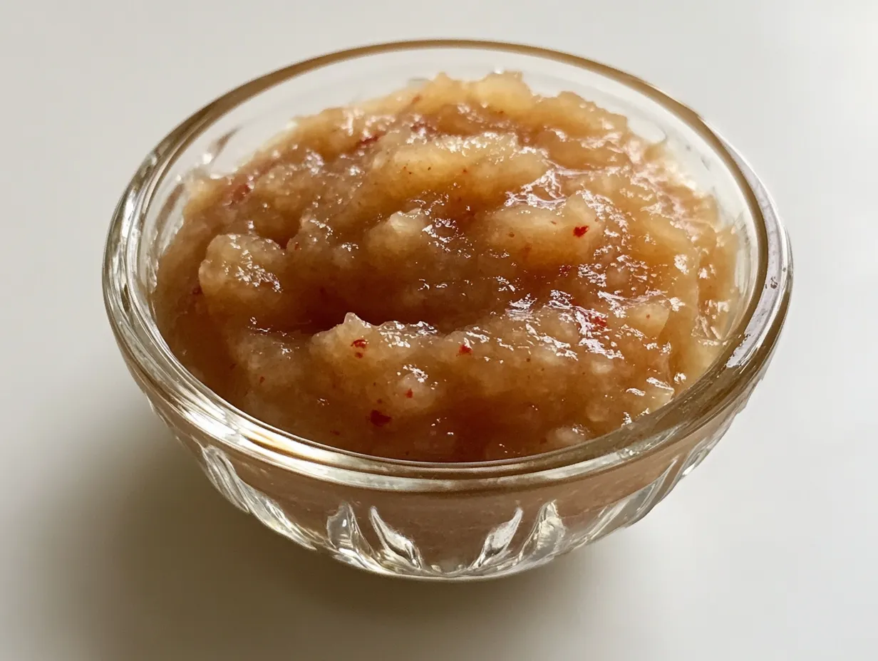 Äppelmos med skal i en rustik skål med bitar av röda äpplen i bakgrunden.